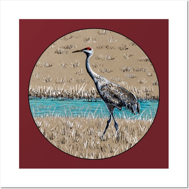 Sandhill Crane color ink drawing Wall Art by tsd-fashion